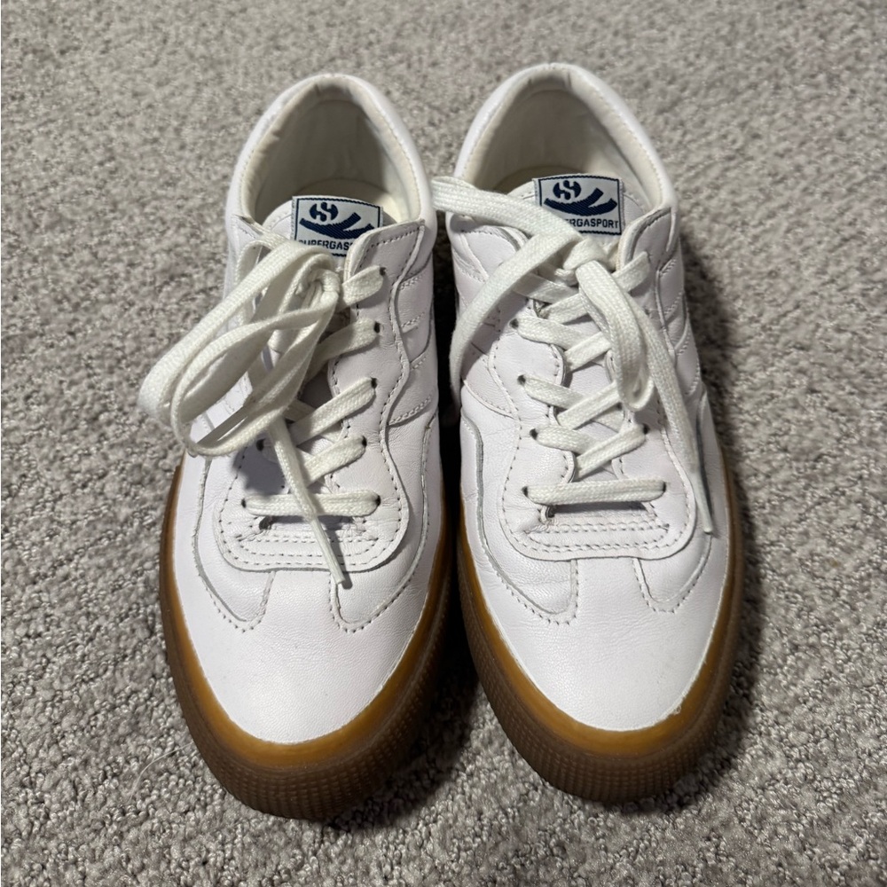 Superga white leather gum bottom sneakers